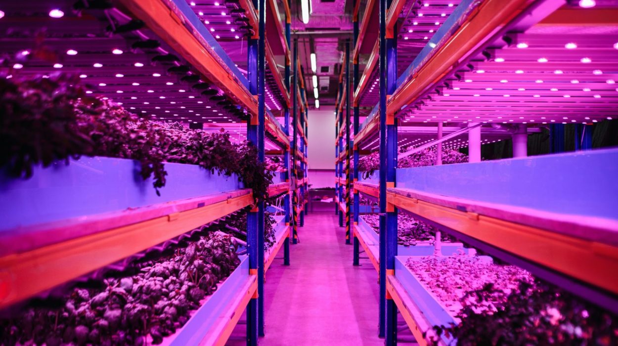 Aquaponic farm, sustainable business and artificial lighting.